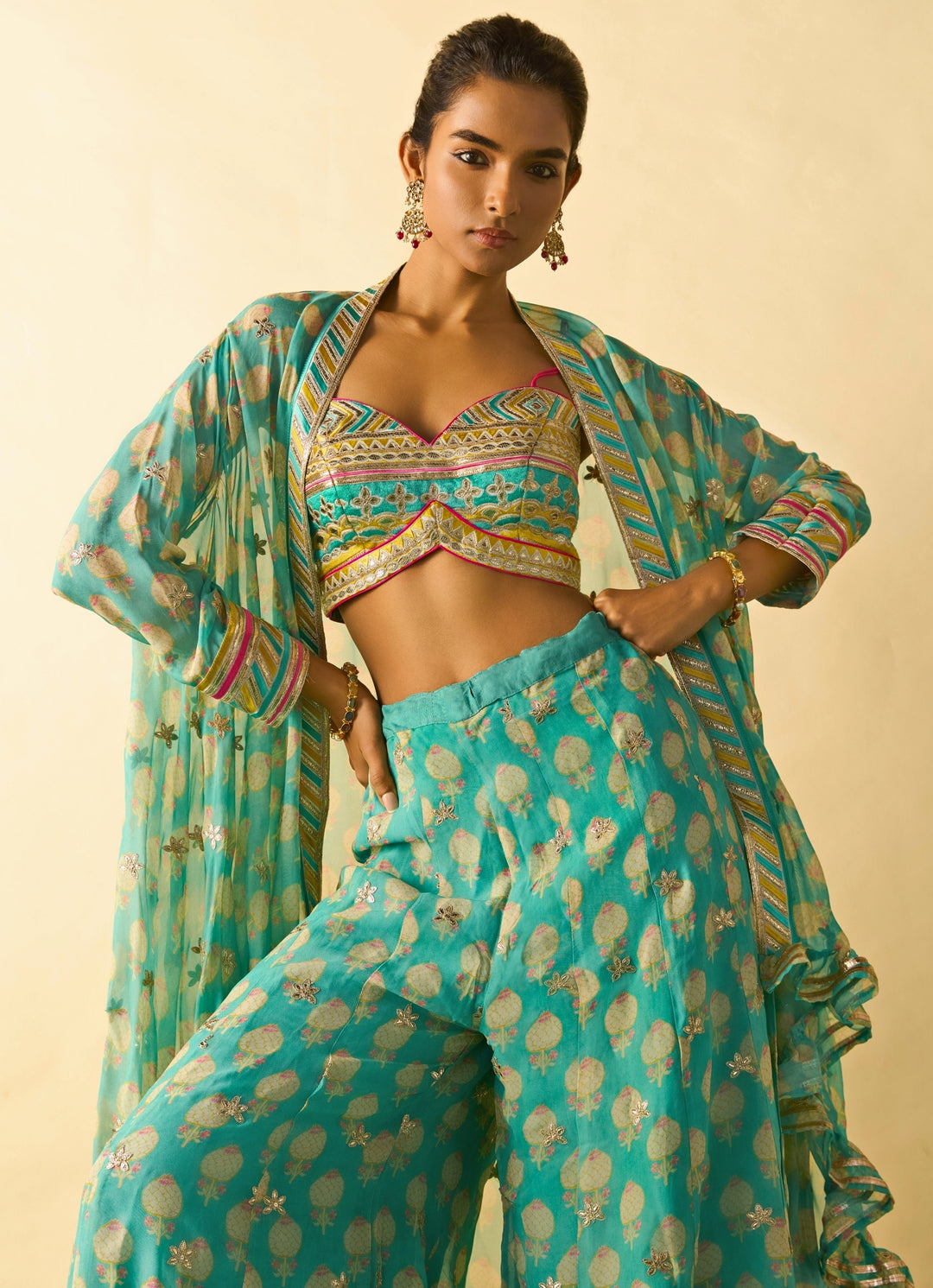 Aqua Blue Printed Georgette Blouse Sharara Set With Cape