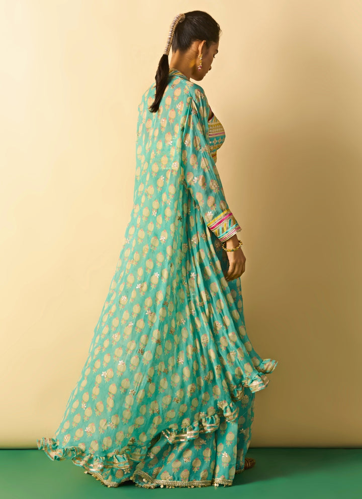 Aqua Blue Printed Georgette Blouse Sharara Set With Cape