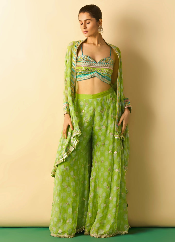 Lime Green Printed Georgette Blouse Sharara Set With Cape