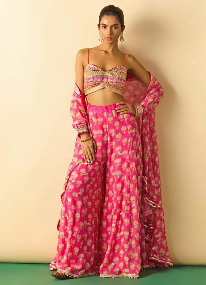 Pink Printed Georgette Blouse Sharara Set With Cape