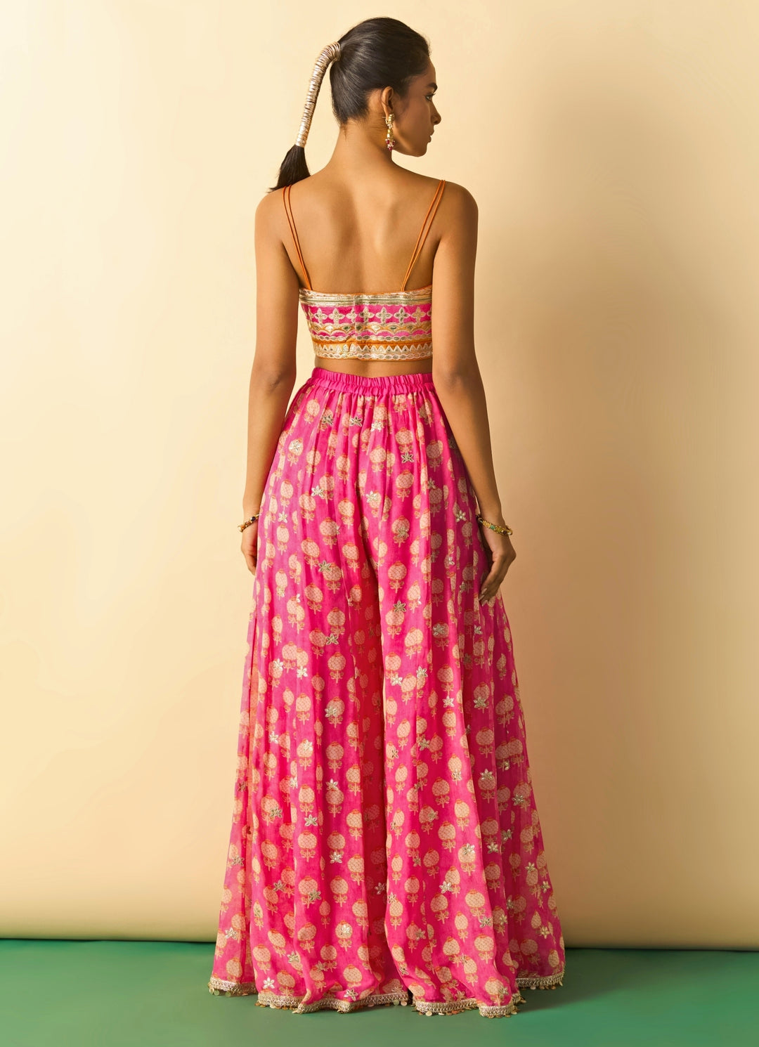 Pink Printed Georgette Blouse Sharara Set With Cape