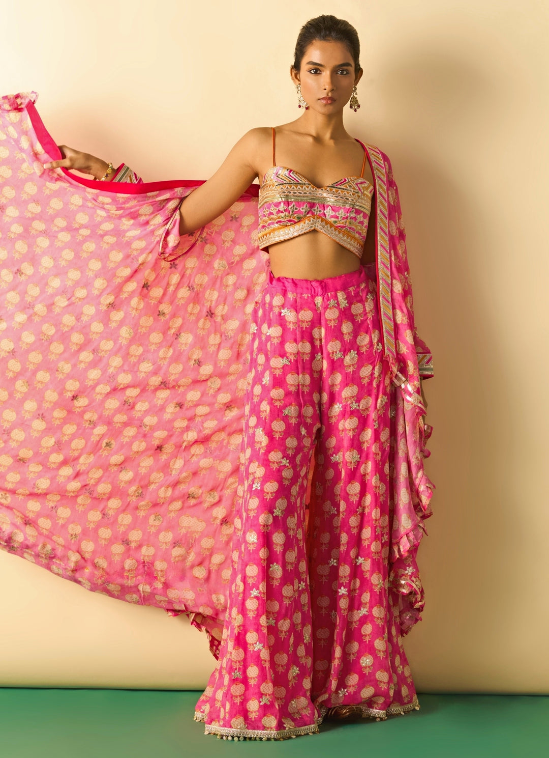 Pink Printed Georgette Blouse Sharara Set With Cape
