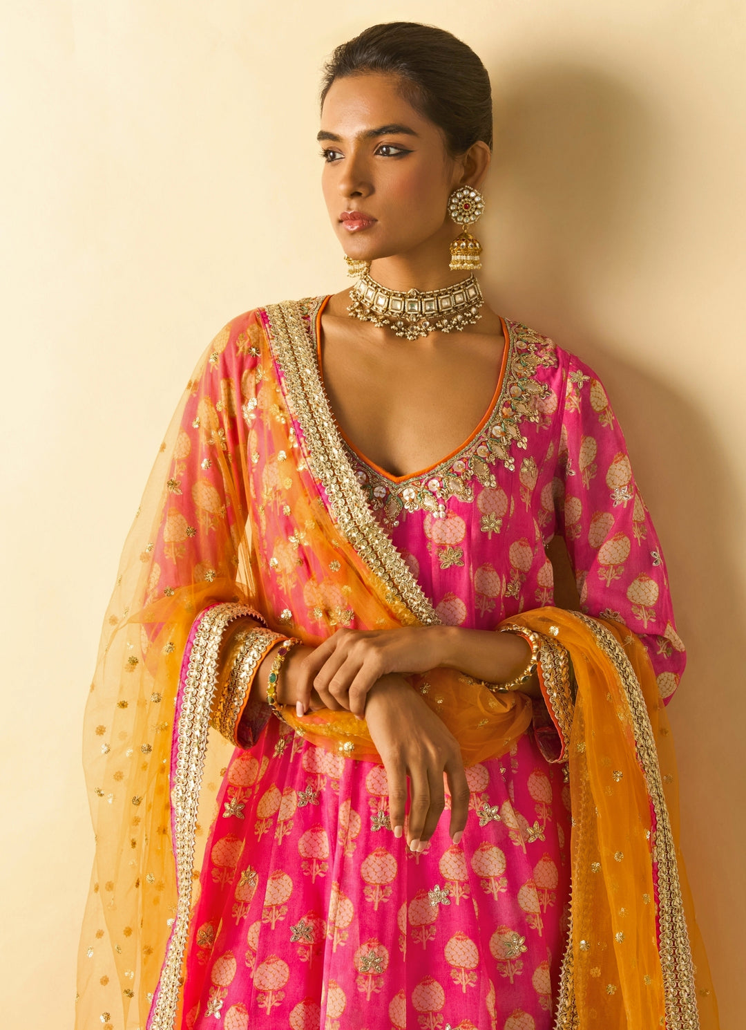 Pink Printed Georgette Anarkali Set With Orange Dupatta