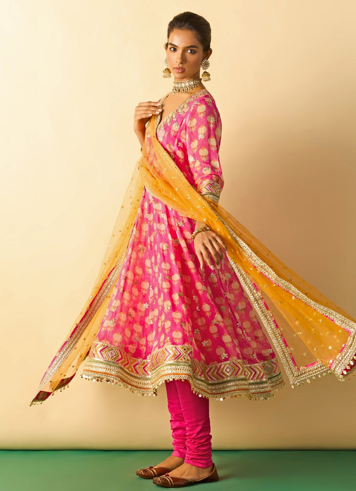 Pink Printed Georgette Anarkali Set With Orange Dupatta