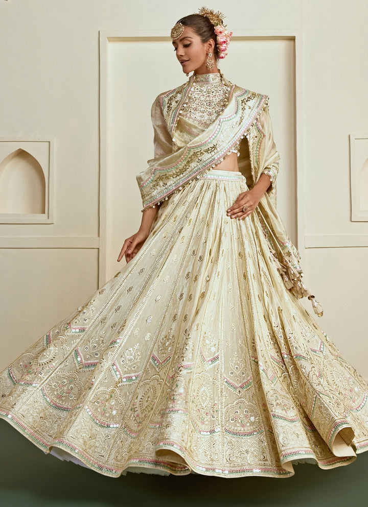 Muted Gold Embroidered Tussar Bridal Lehenga Set