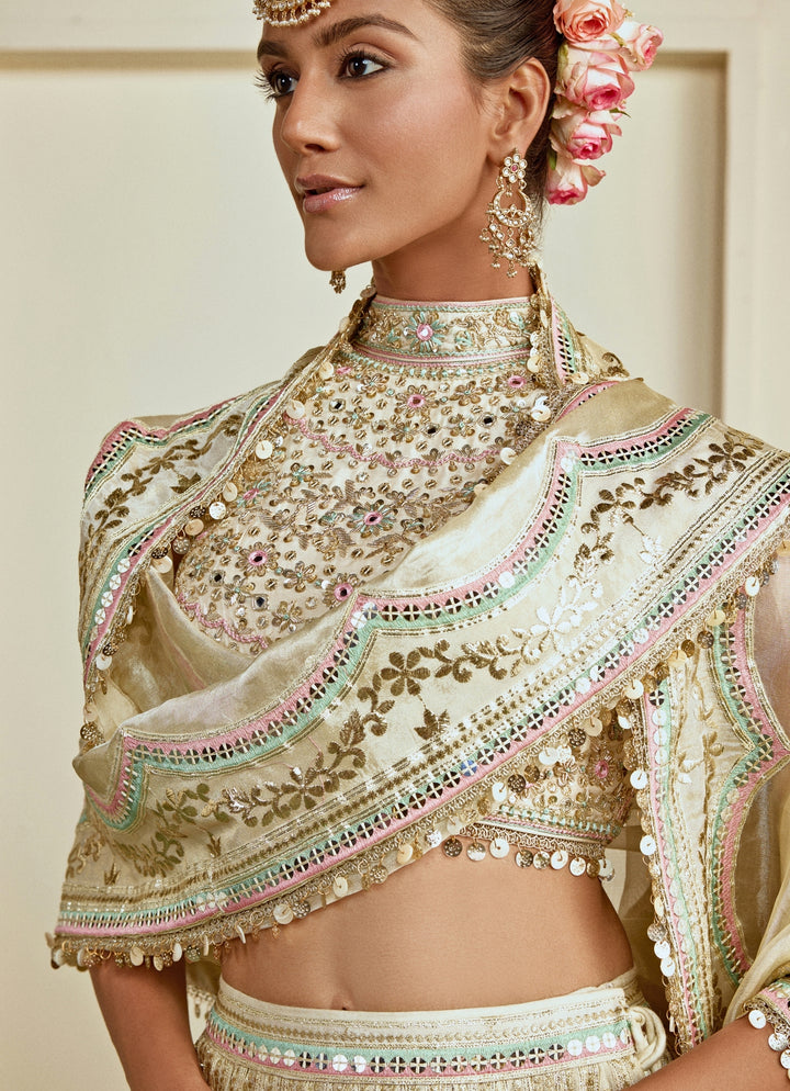 Muted Gold Embroidered Tussar Bridal Lehenga Set