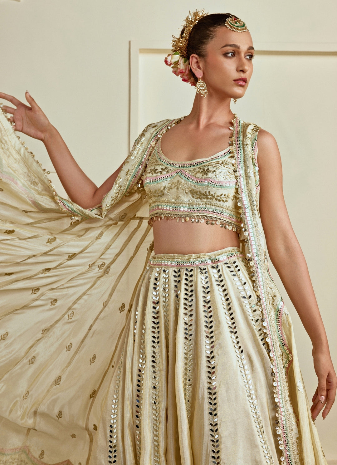 Muted Gold Tussar Lehenga Set With Cape