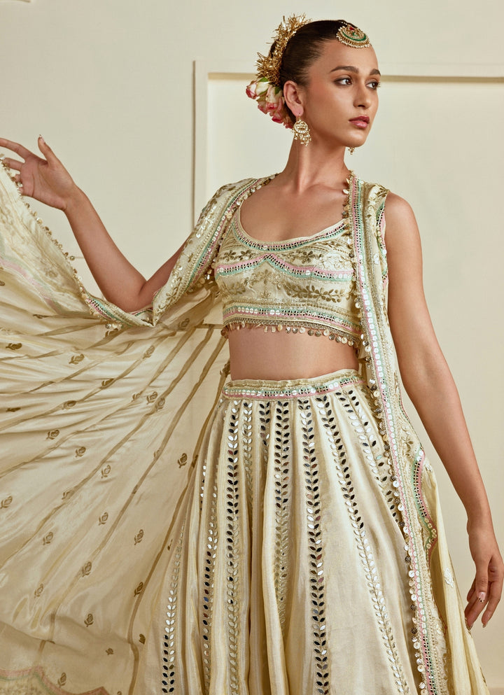 Muted Gold Tussar Lehenga Set With Cape