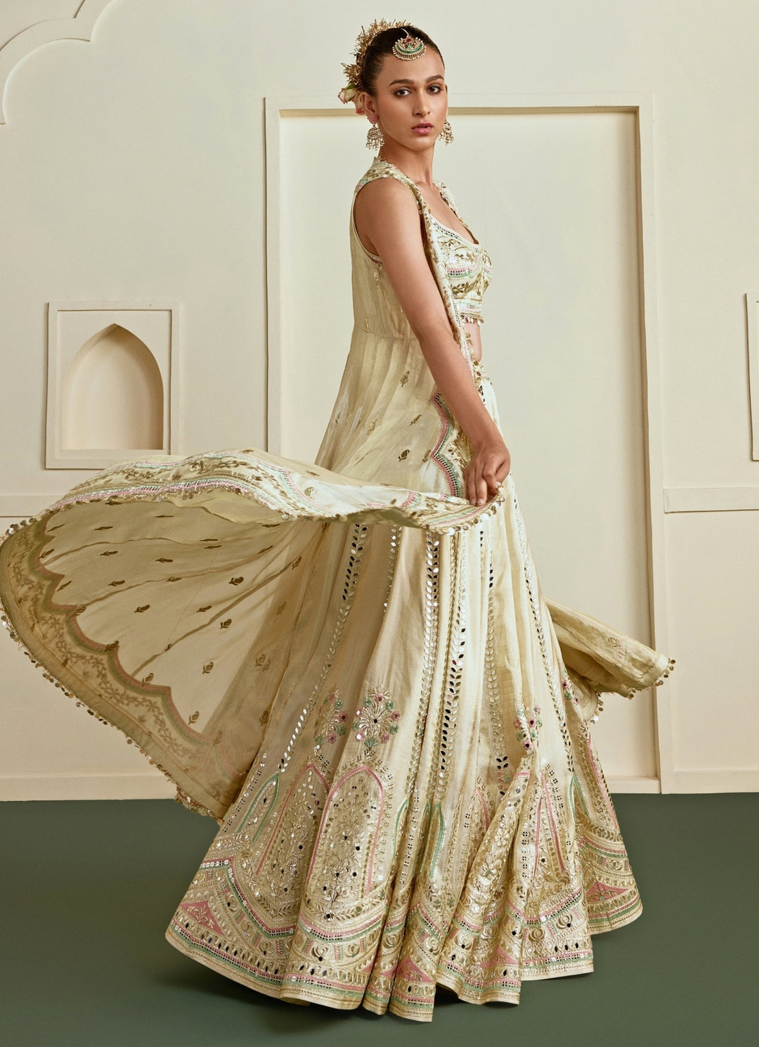 Muted Gold Tussar Lehenga Set With Cape