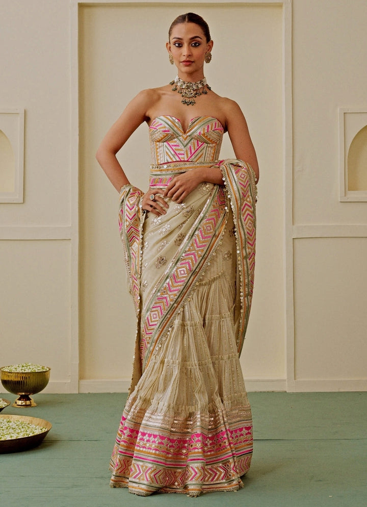 Ivory Georgette Pre-Draped Saree With Corset
