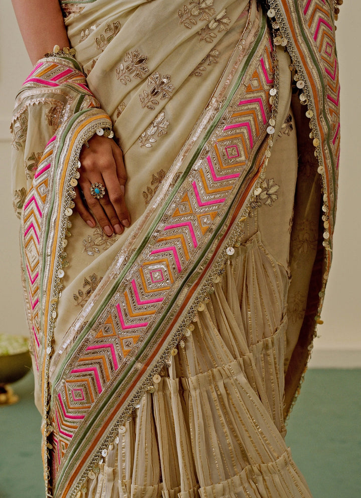Ivory Georgette Pre-Draped Saree With Corset