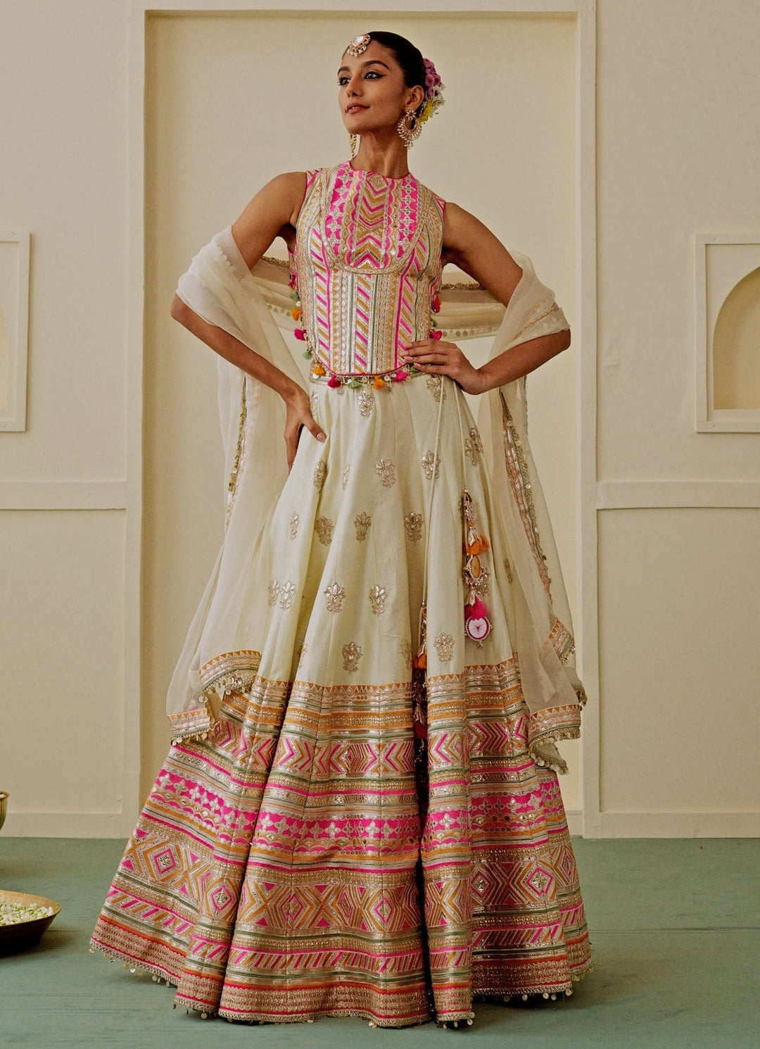 Ivory Embroidered Tussar Lehenga Set