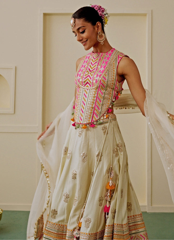 Ivory Embroidered Tussar Lehenga Set