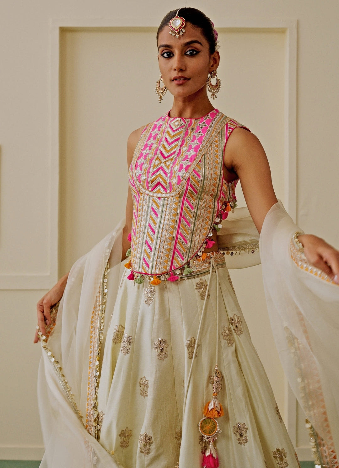 Ivory Embroidered Tussar Lehenga Set