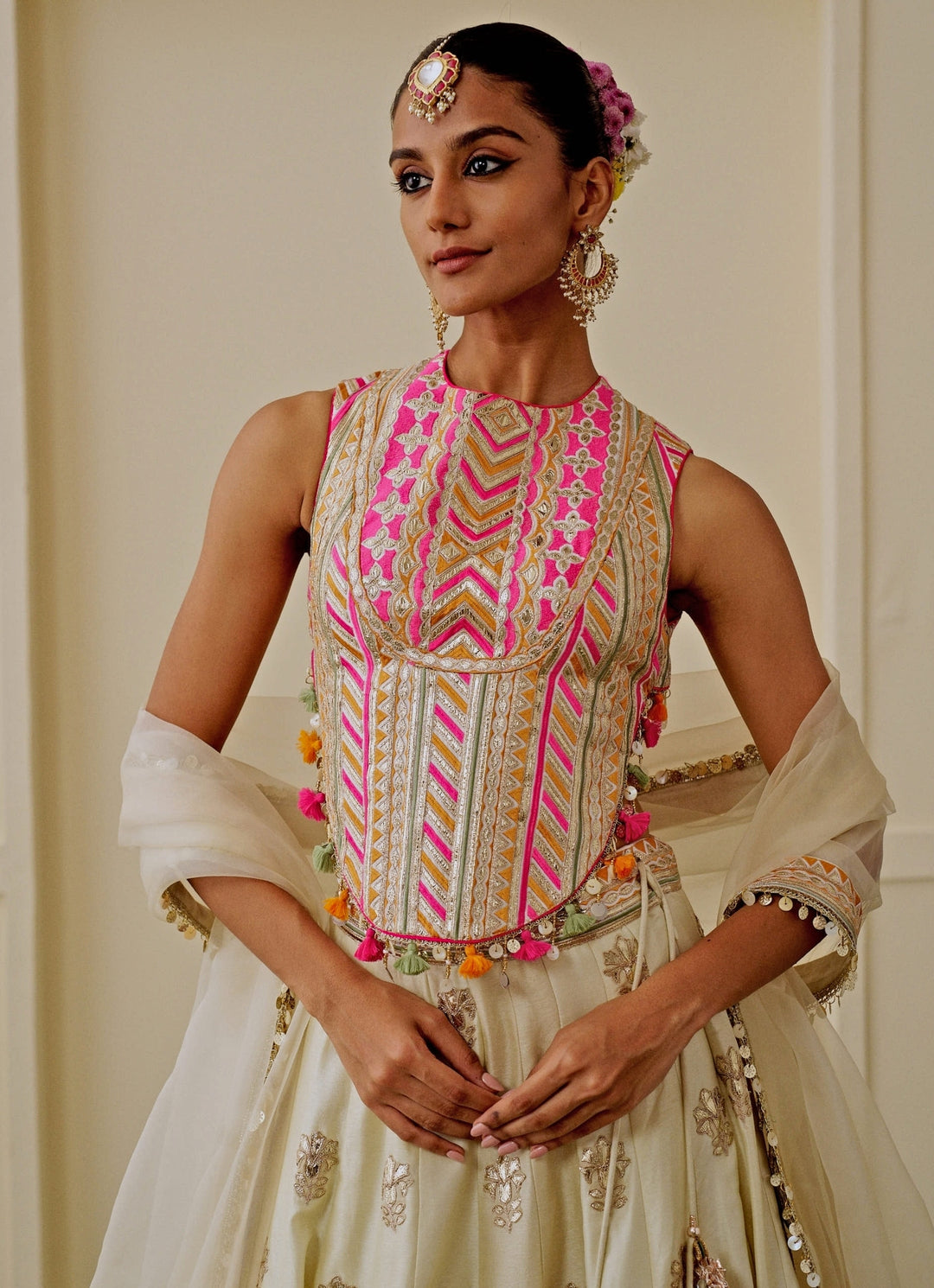 Ivory Embroidered Tussar Lehenga Set