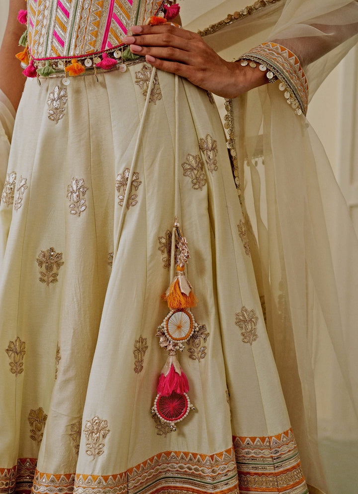 Ivory Embroidered Tussar Lehenga Set