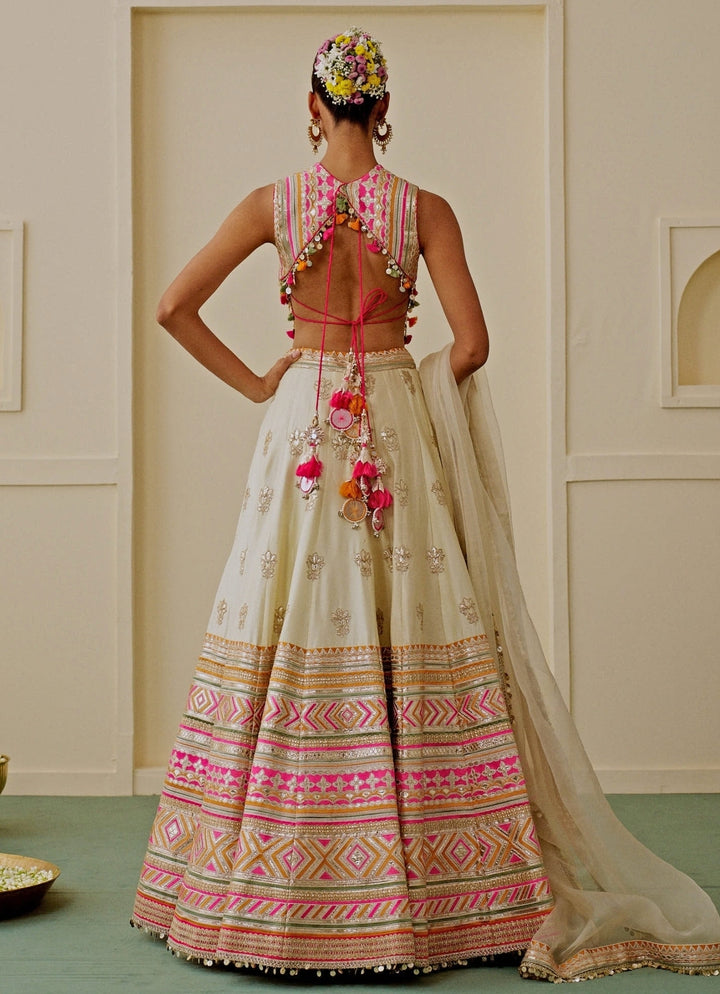 Ivory Embroidered Tussar Lehenga Set
