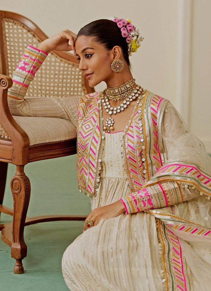 Ivory Organza Anarkali Set With Jacket