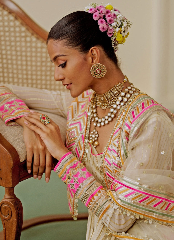 Ivory Organza Anarkali Set With Jacket