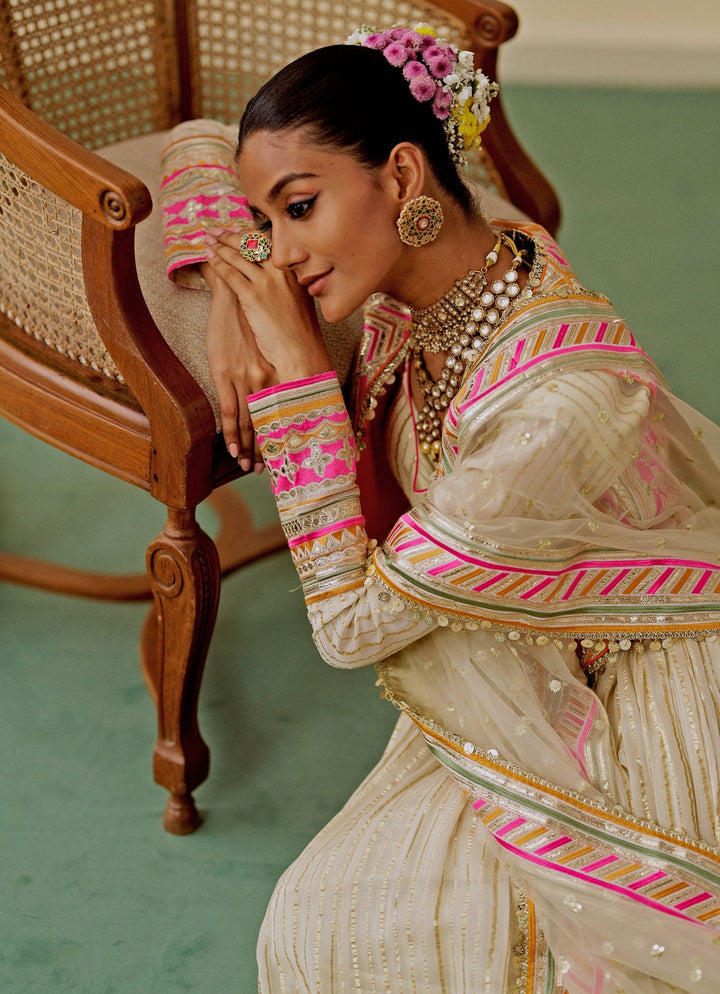 Ivory Organza Anarkali Set With Jacket
