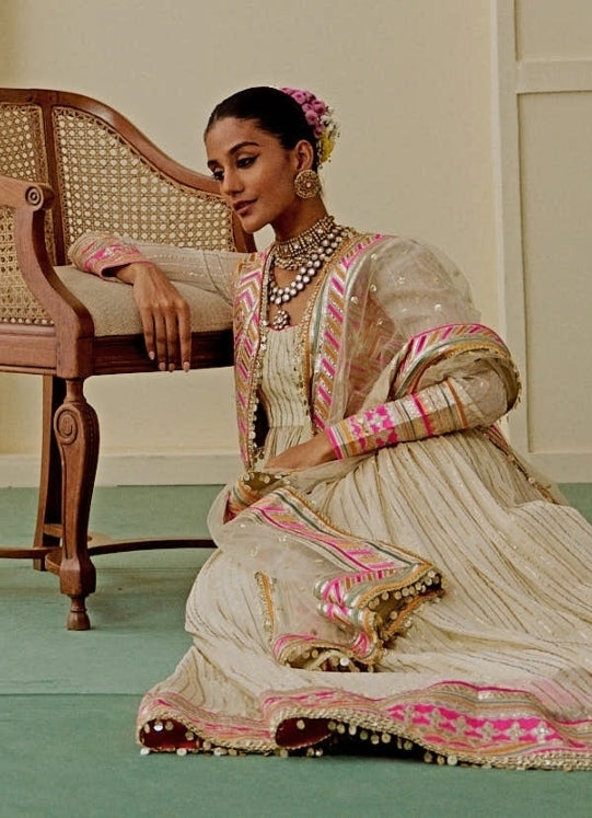 Ivory Organza Anarkali Set With Jacket