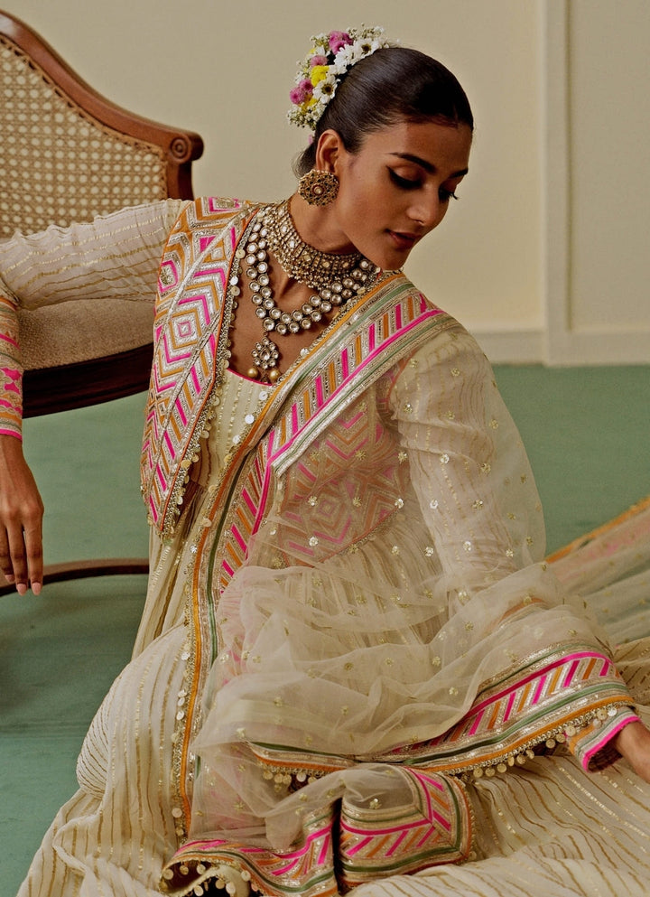 Ivory Organza Anarkali Set With Jacket