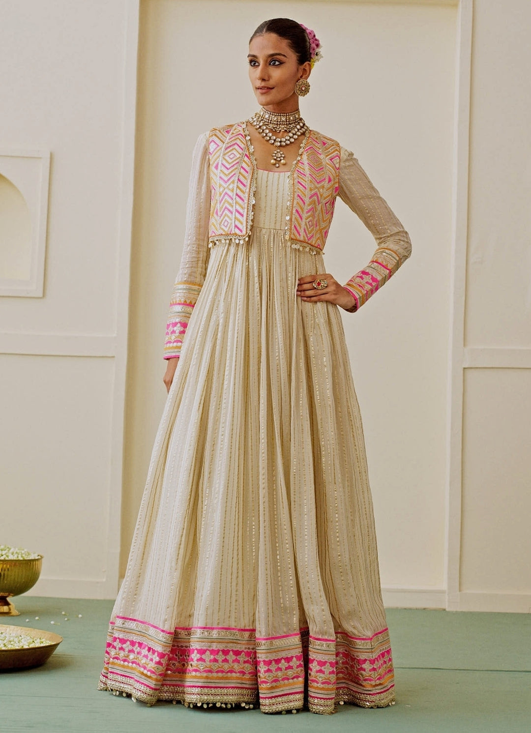 Ivory Organza Anarkali Set With Jacket