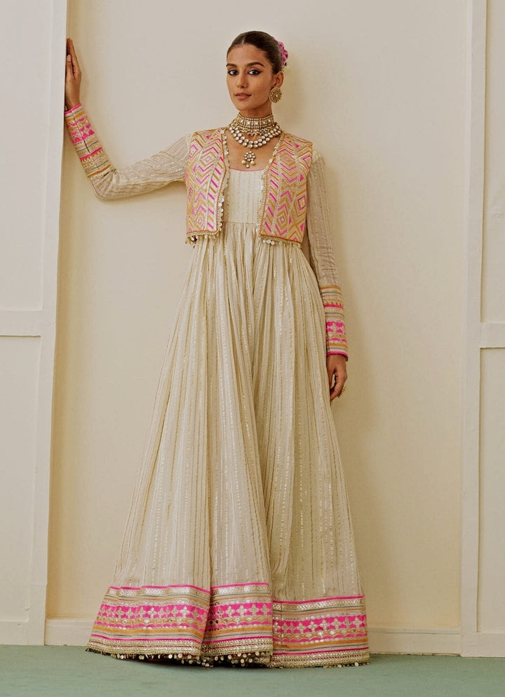 Ivory Organza Anarkali Set With Jacket