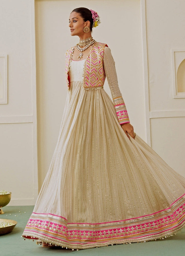 Ivory Organza Anarkali Set With Jacket