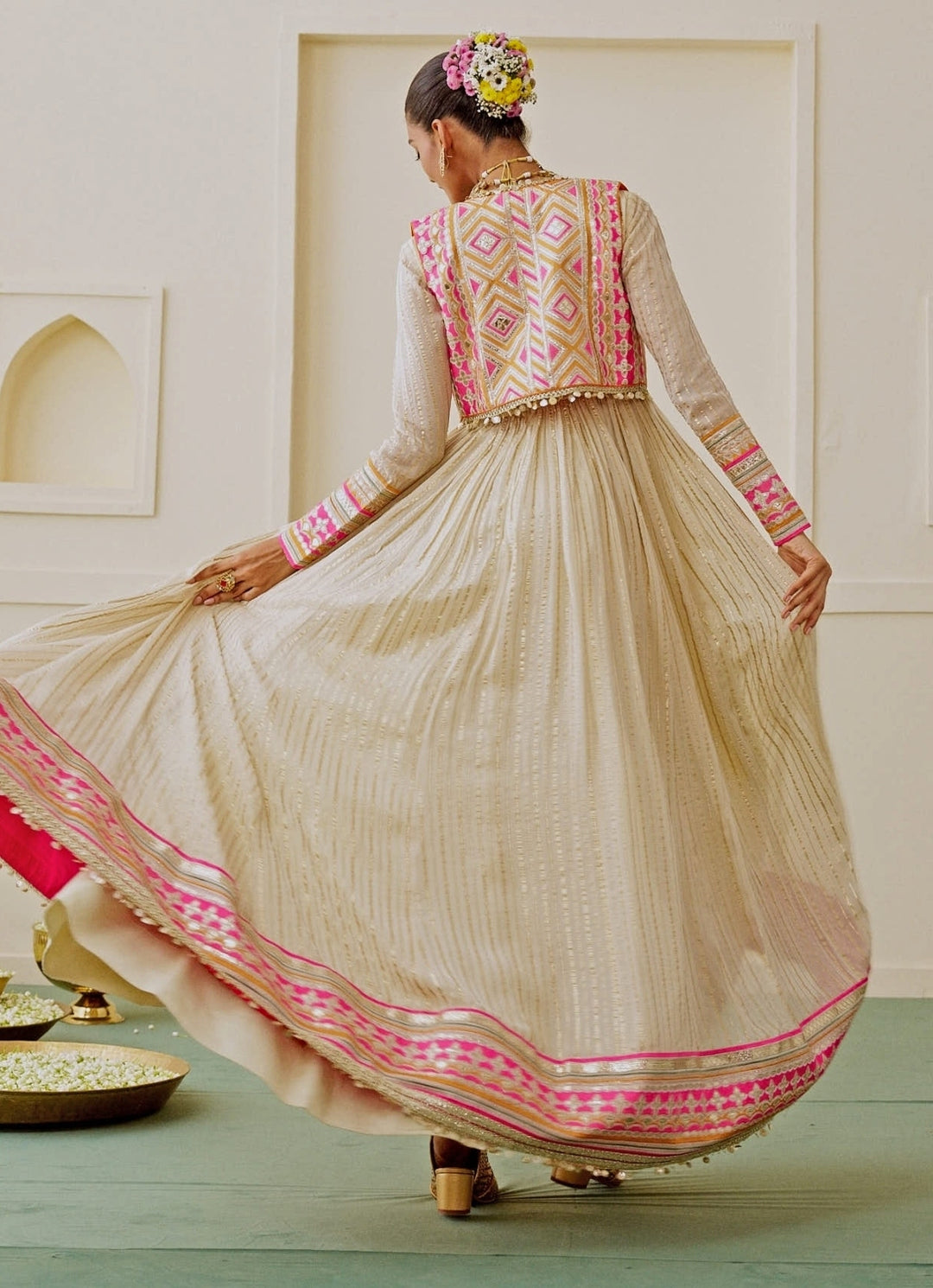 Ivory Organza Anarkali Set With Jacket
