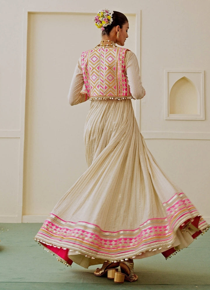 Ivory Organza Anarkali Set With Jacket