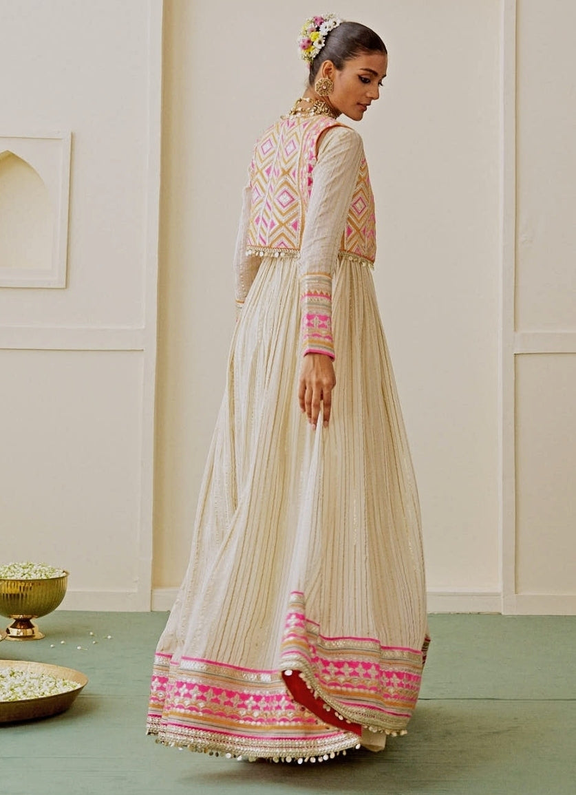 Ivory Organza Anarkali Set With Jacket