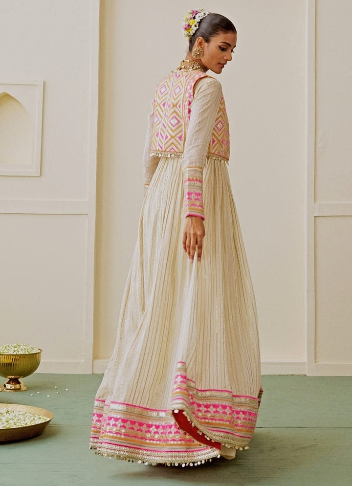 Ivory Organza Anarkali Set With Jacket