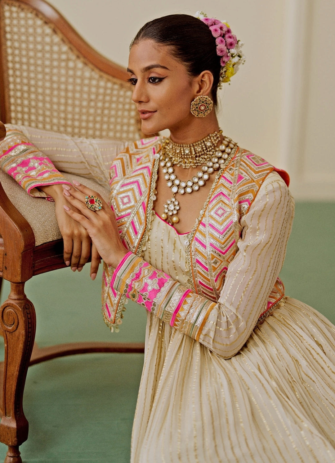 Ivory Organza Anarkali Set With Jacket