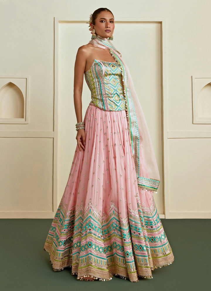 Pastel Pink And Blue Georgette Lehenga Set