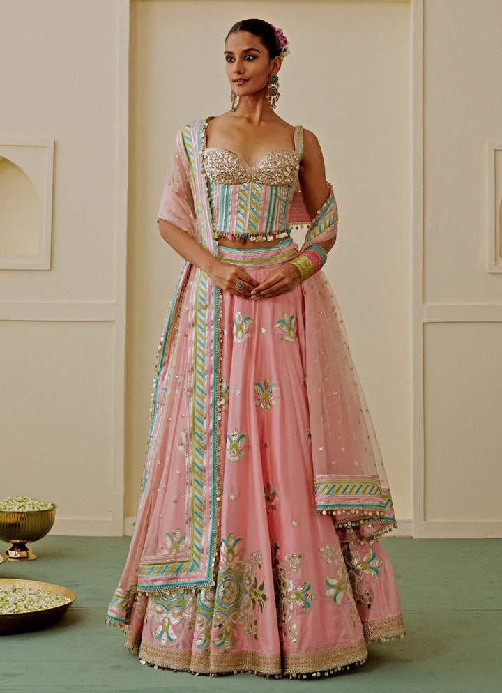 Pastel Pink And Blue Tussar Corset Lehenga Set