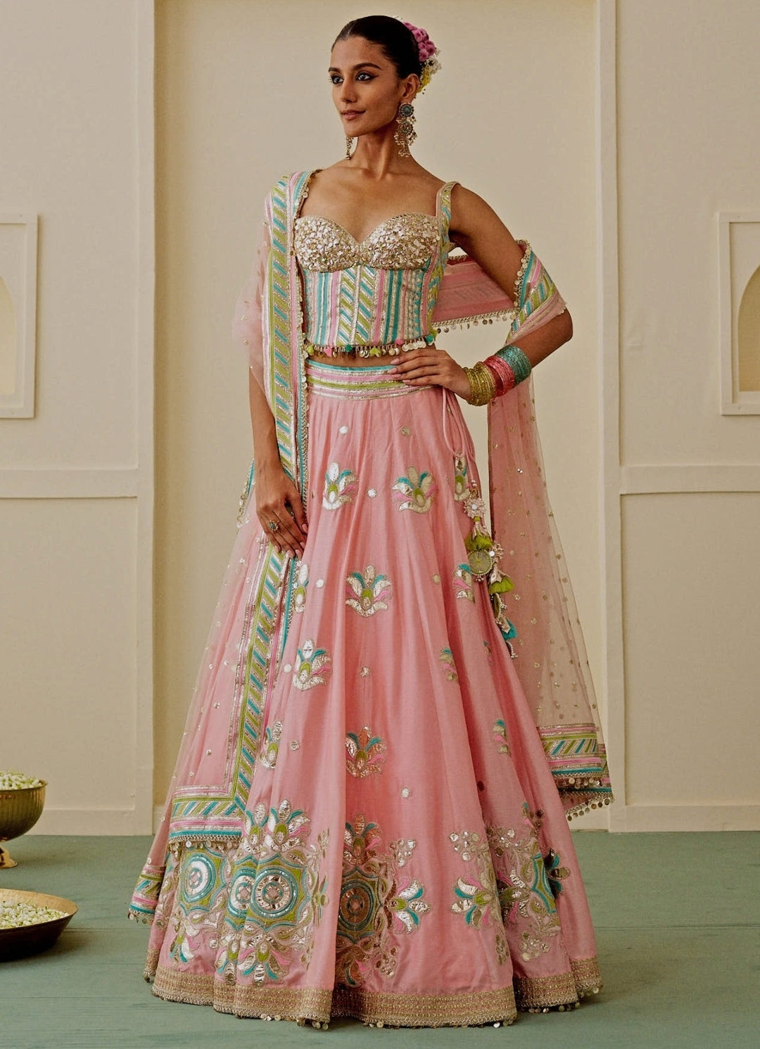 Pastel Pink And Blue Tussar Corset Lehenga Set