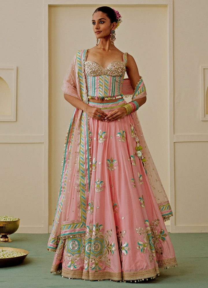 Pastel Pink And Blue Tussar Corset Lehenga Set