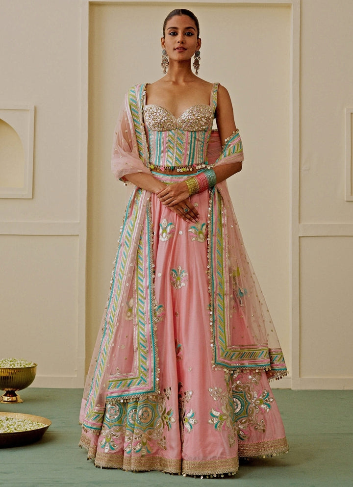 Pastel Pink And Blue Tussar Corset Lehenga Set
