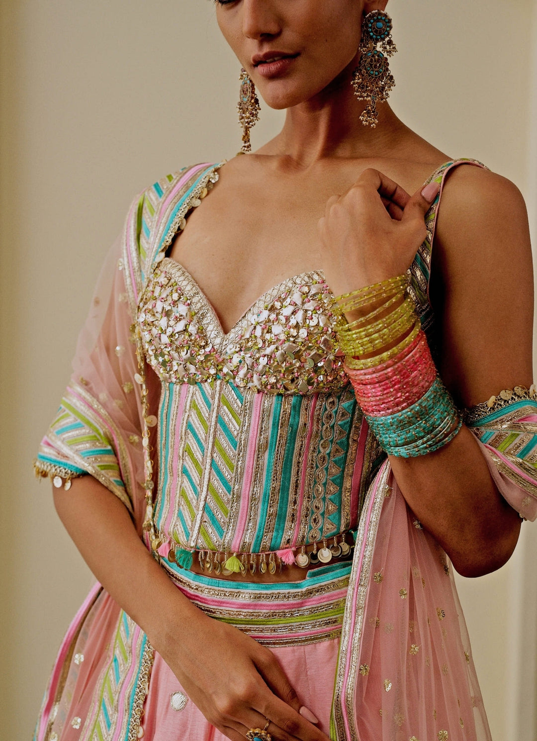 Pastel Pink And Blue Tussar Corset Lehenga Set