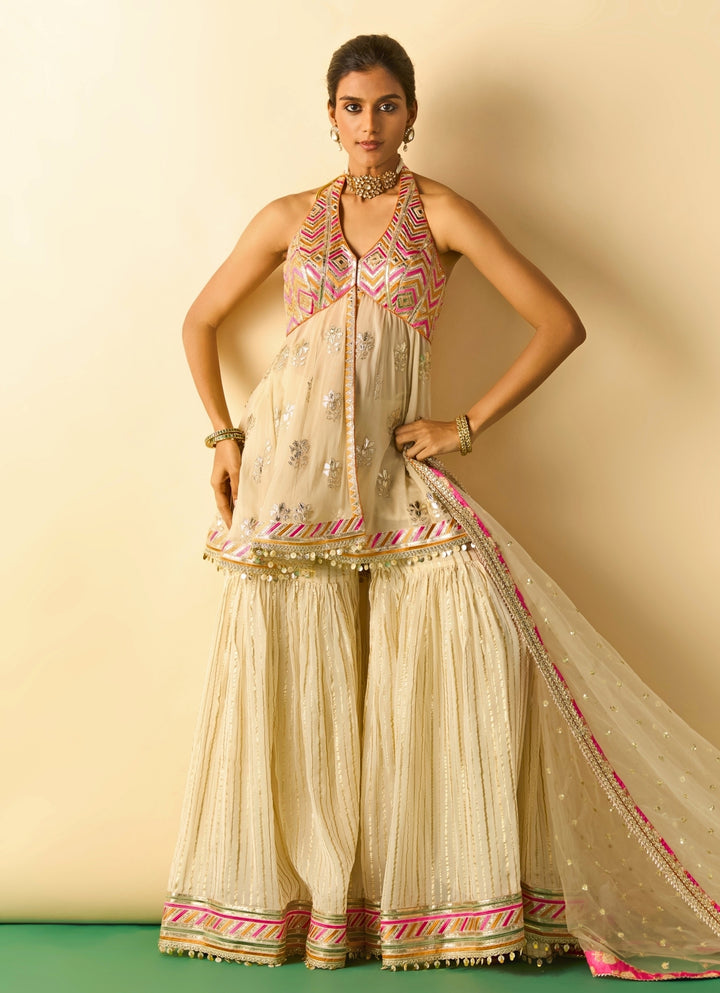 Ivory Embroidered Georgette Kurta Sharara Set