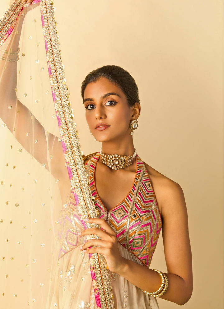 Ivory Embroidered Georgette Kurta Sharara Set