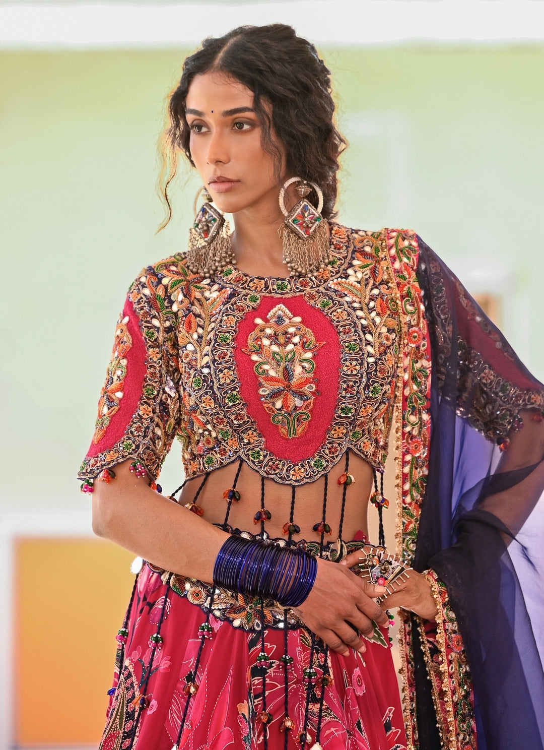 Hot Pink Printed Crepe Lehenga Set With Purple Dupatta