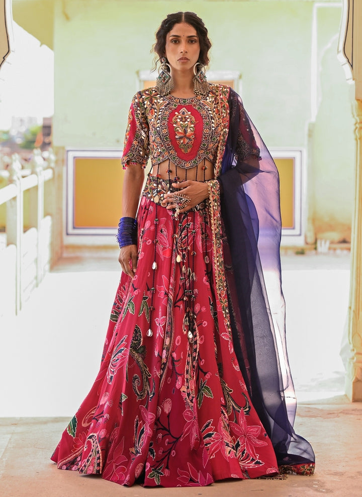 Hot Pink Printed Crepe Lehenga Set With Purple Dupatta