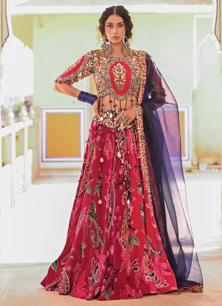 Hot Pink Printed Crepe Lehenga Set With Purple Dupatta
