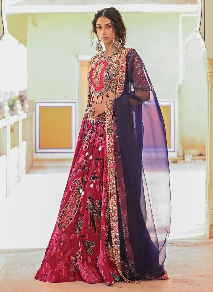 Hot Pink Printed Crepe Lehenga Set With Purple Dupatta