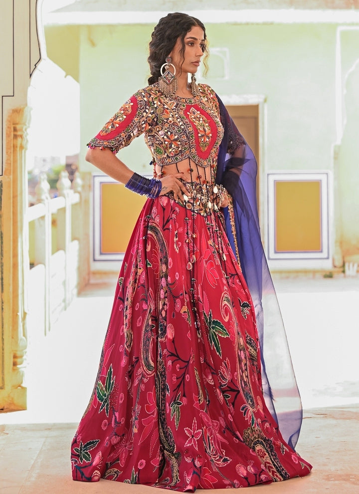 Hot Pink Printed Crepe Lehenga Set With Purple Dupatta