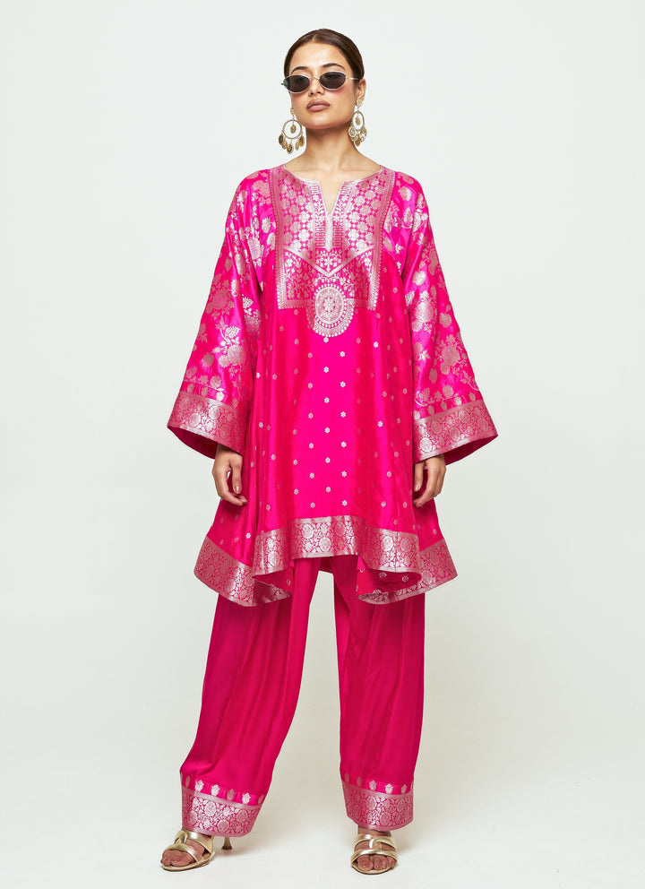 Pink Brocade Silk Kurta With Farshi Salwar Set