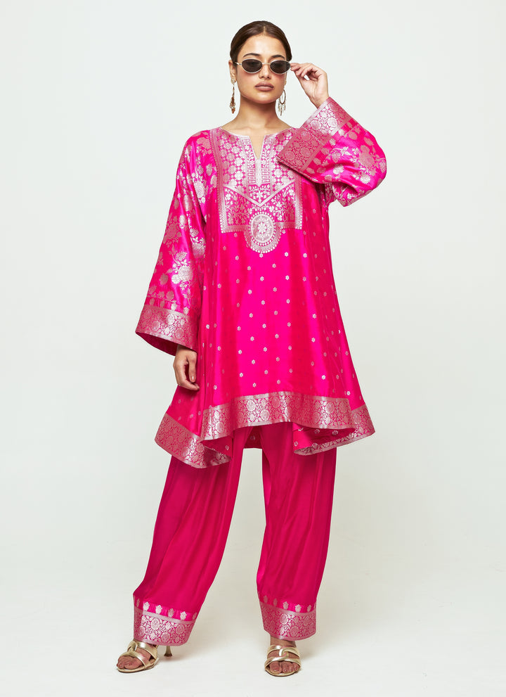 Pink Brocade Silk Kurta With Farshi Salwar Set