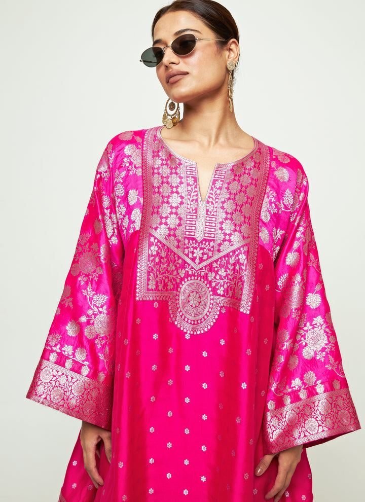 Pink Brocade Silk Kurta With Farshi Salwar Set